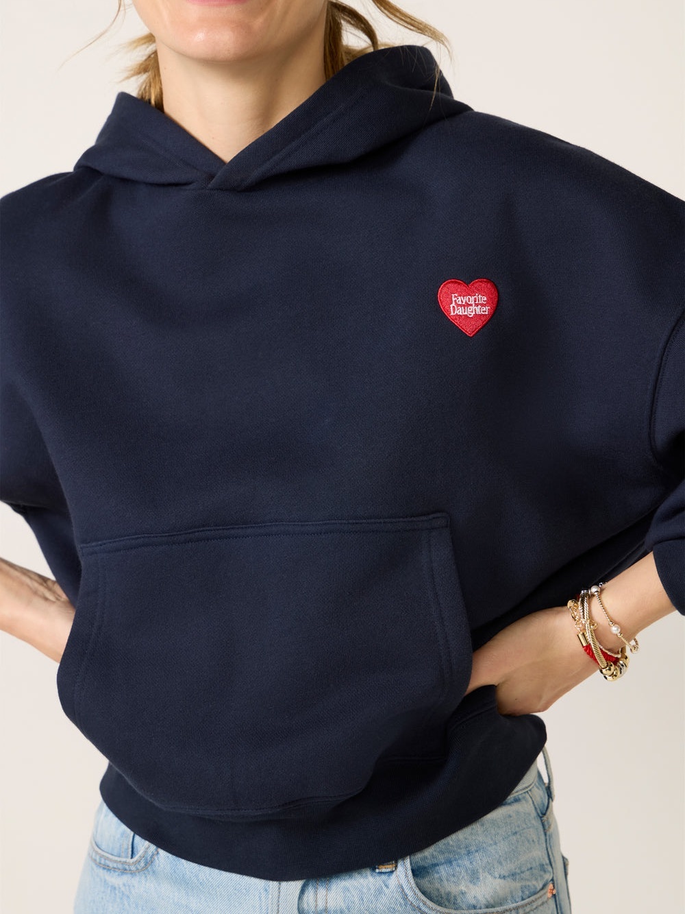 Favorite Daughter Red Heart Logo Hoodie Sweatshirt Navy Blue